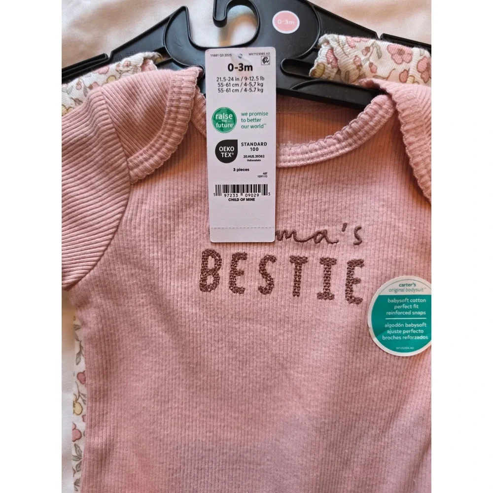 Child of Mine by Carters Baby Girls 3PK Bodysuits Pink Floral Mamas Bestie 0-3M